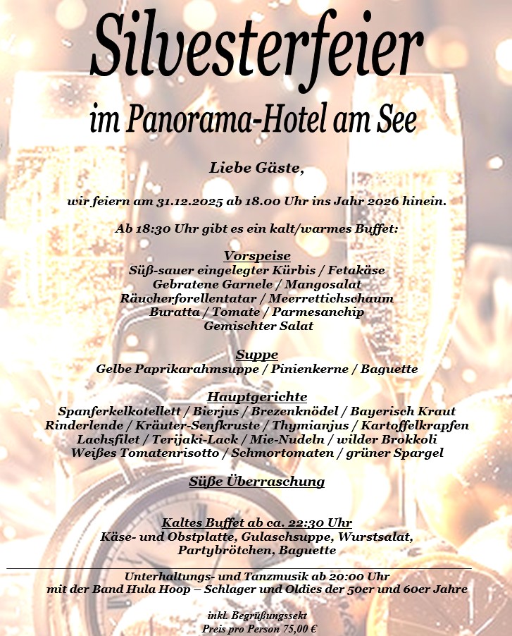 Silvesterfeier im Panorama-Hotel am See mit Livemusik - Band Hula Hoop - Schlager und Oldies der 50er und 60er Jahre
